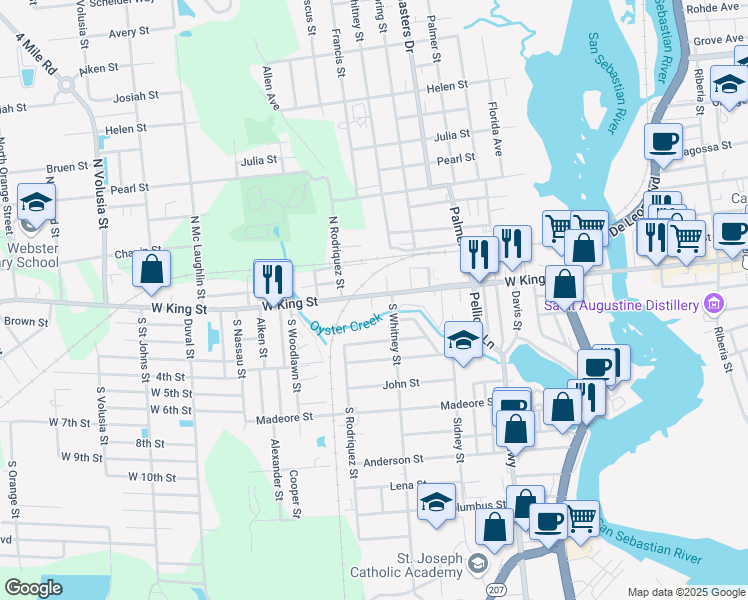 map of restaurants, bars, coffee shops, grocery stores, and more near 525 West King Street in St. Augustine