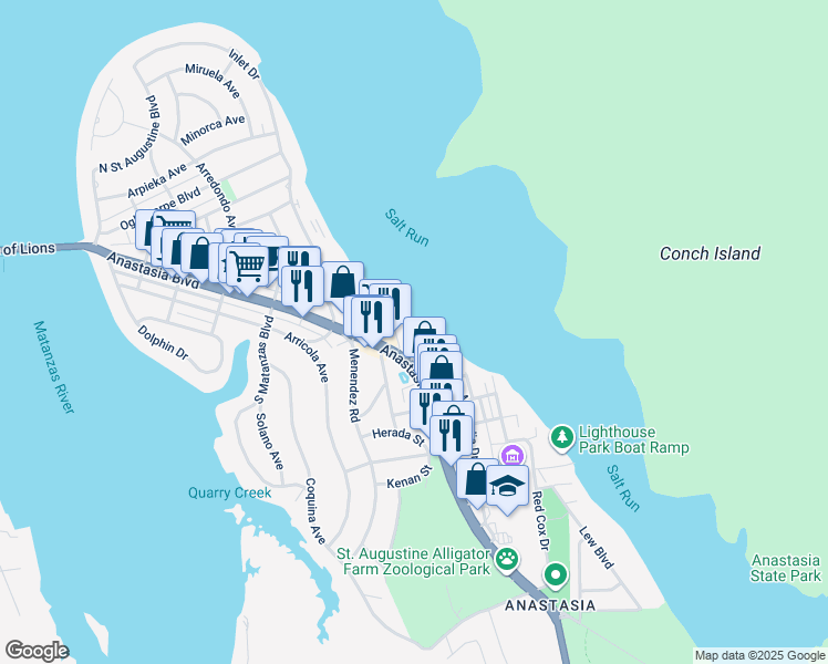 map of restaurants, bars, coffee shops, grocery stores, and more near 11 Inlet Place in St. Augustine