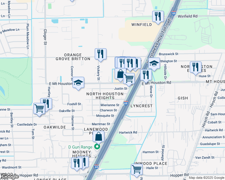 map of restaurants, bars, coffee shops, grocery stores, and more near 4739 Justin Street in Houston