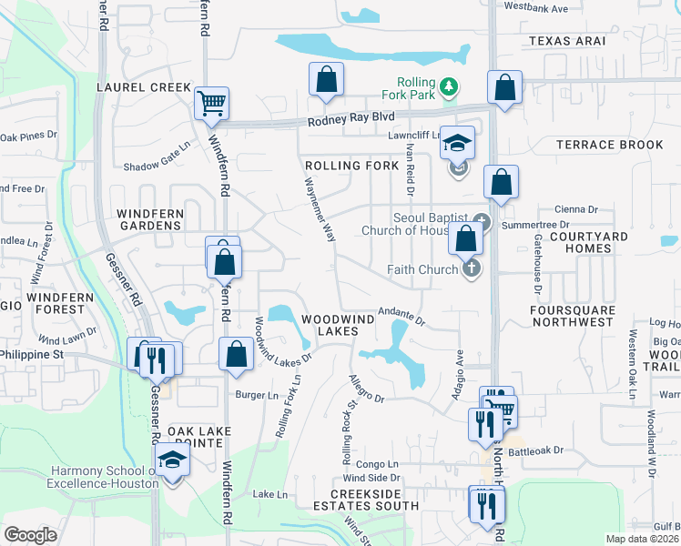 map of restaurants, bars, coffee shops, grocery stores, and more near 8919 Wilson Reid Drive in Houston