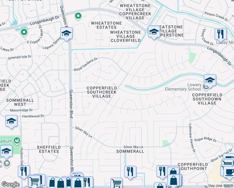 map of restaurants, bars, coffee shops, grocery stores, and more near 7619 Shangrila Lane in Houston