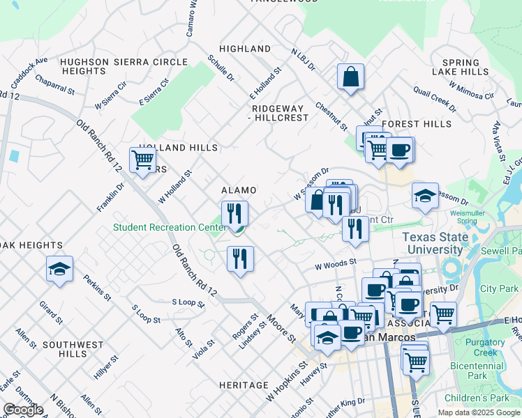 map of restaurants, bars, coffee shops, grocery stores, and more near 234 West Sessom Drive in San Marcos