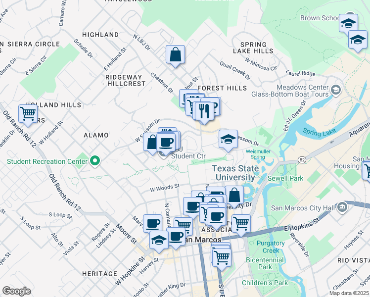 map of restaurants, bars, coffee shops, grocery stores, and more near 101 Russell Circle in San Marcos