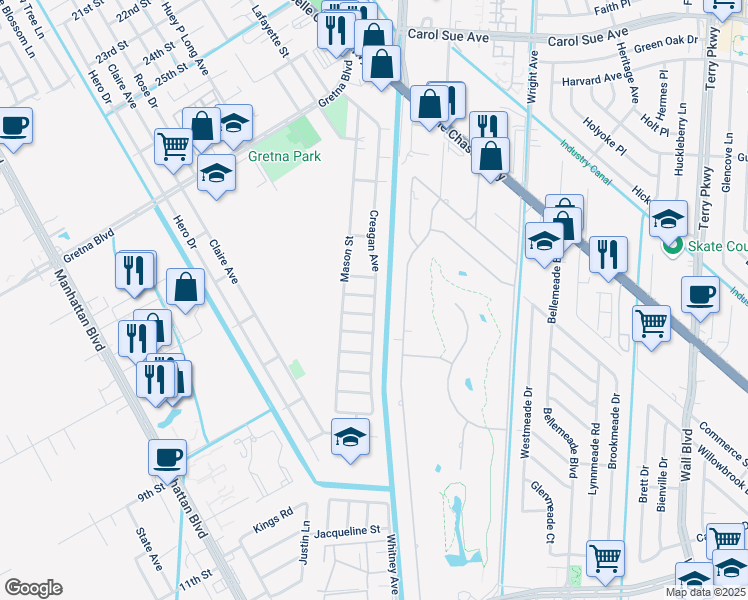 map of restaurants, bars, coffee shops, grocery stores, and more near 12 Cypress Street in Gretna