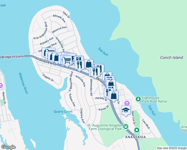 map of restaurants, bars, coffee shops, grocery stores, and more near 512 Anastasia Boulevard in St. Augustine