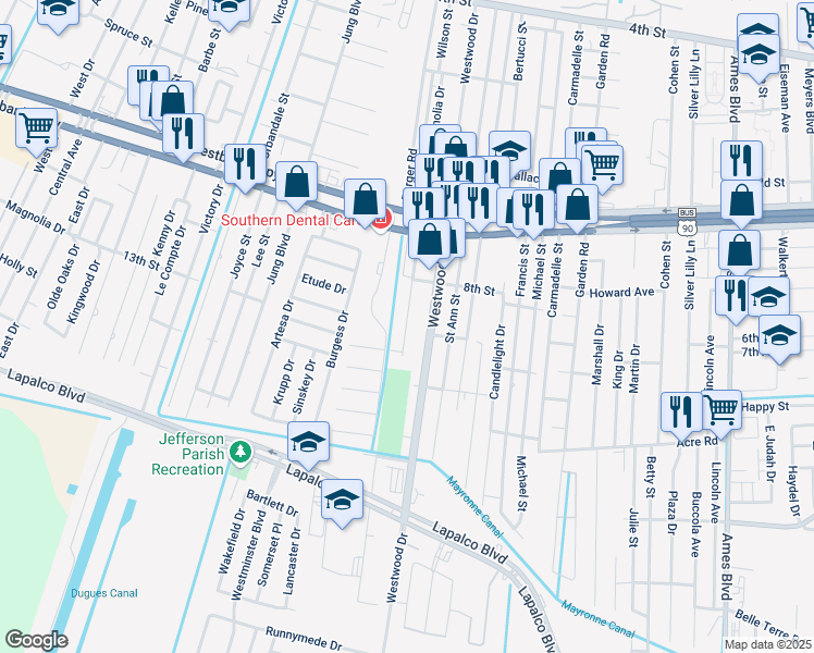 map of restaurants, bars, coffee shops, grocery stores, and more near 1032 Westwood Drive in Marrero