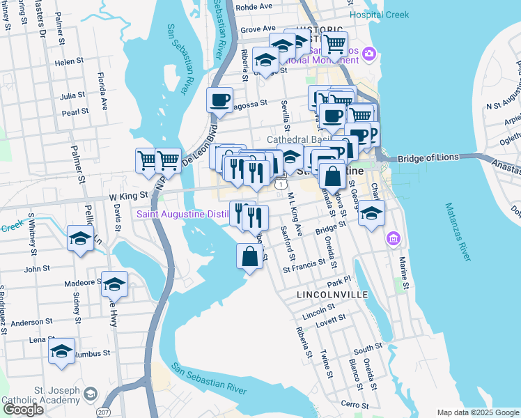 map of restaurants, bars, coffee shops, grocery stores, and more near 115 La Quinta Place in St. Augustine