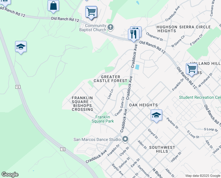 map of restaurants, bars, coffee shops, grocery stores, and more near 2002 Castle Bluff Drive in San Marcos