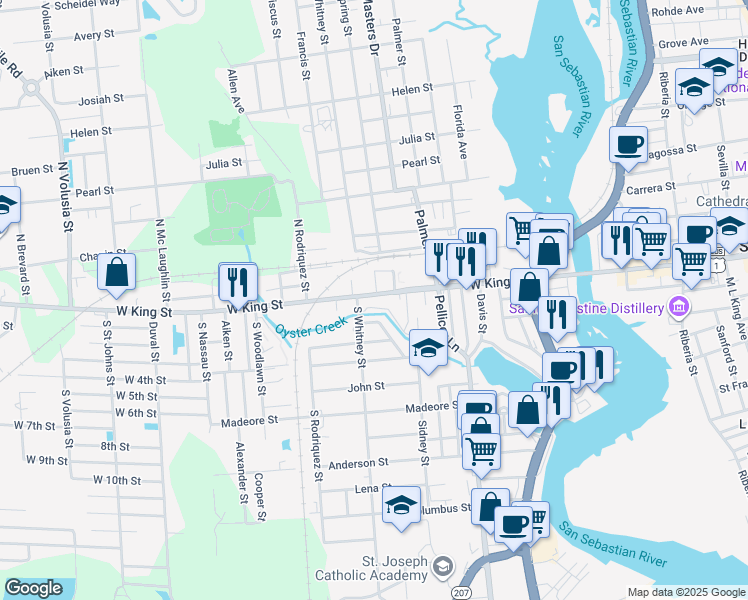 map of restaurants, bars, coffee shops, grocery stores, and more near 268 West King Street in St. Augustine