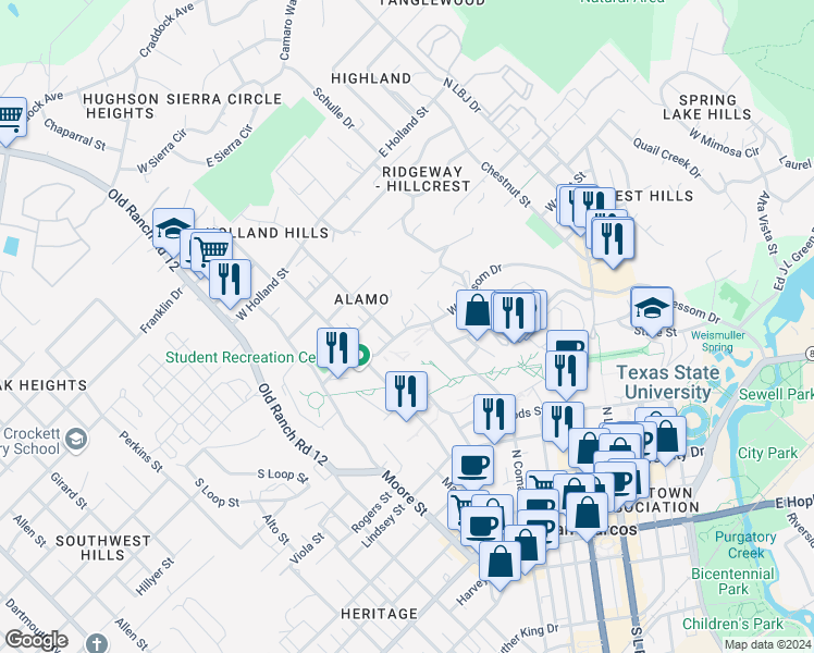 map of restaurants, bars, coffee shops, grocery stores, and more near 234 West Sessom Drive in San Marcos