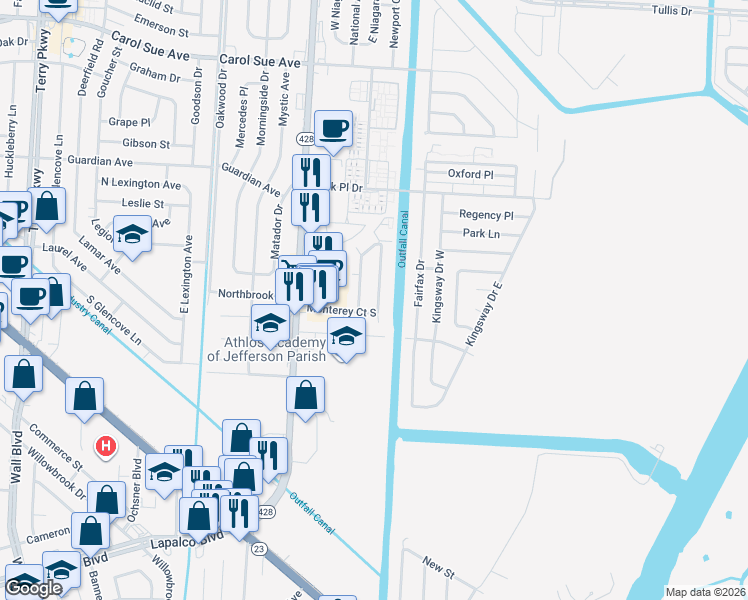 map of restaurants, bars, coffee shops, grocery stores, and more near 933 Monterey Court West in Terrytown