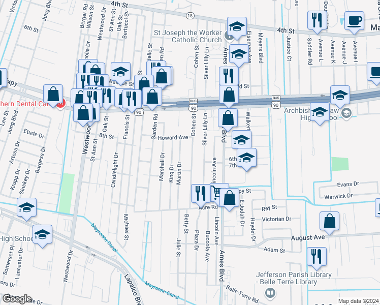 map of restaurants, bars, coffee shops, grocery stores, and more near 1036 Cohen Street in Marrero