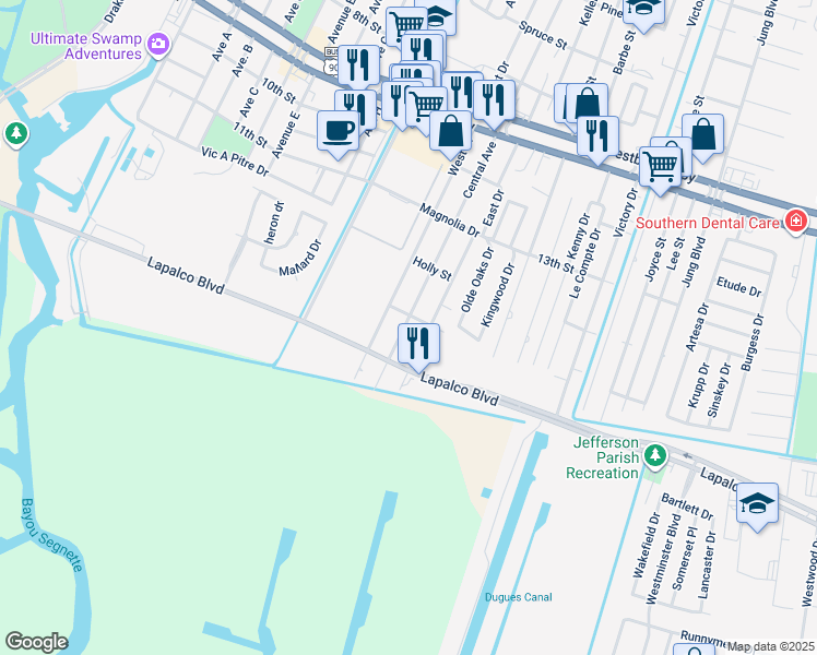 map of restaurants, bars, coffee shops, grocery stores, and more near 1401 Central Avenue in Westwego