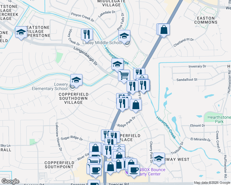 map of restaurants, bars, coffee shops, grocery stores, and more near 7703 Creek Glen Drive in Houston