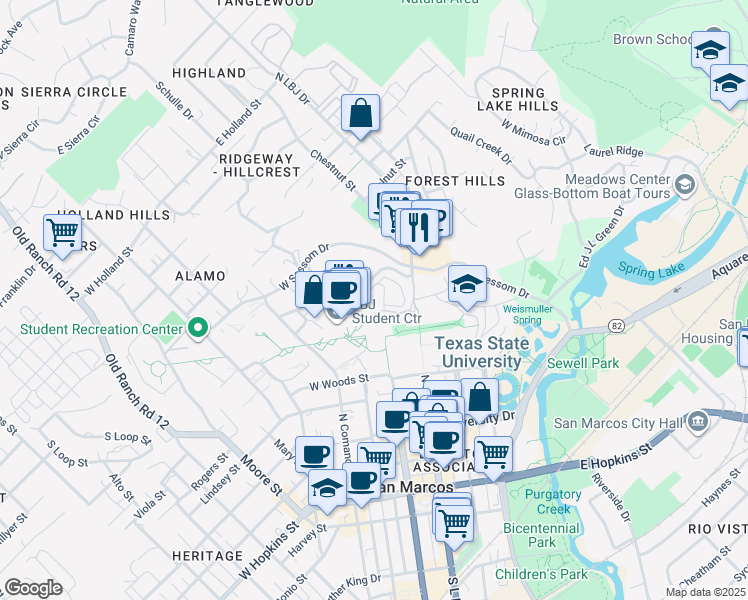 map of restaurants, bars, coffee shops, grocery stores, and more near 101 Russell Circle in San Marcos