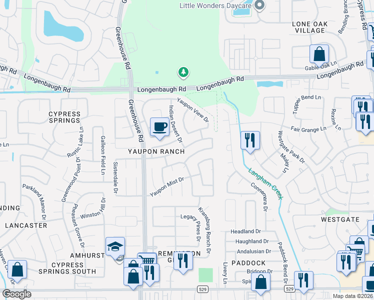 map of restaurants, bars, coffee shops, grocery stores, and more near 19118 Yaupon Ranch Drive in Cypress
