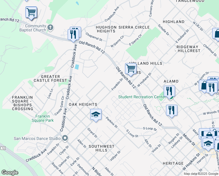 map of restaurants, bars, coffee shops, grocery stores, and more near 516 Franklin Drive in San Marcos