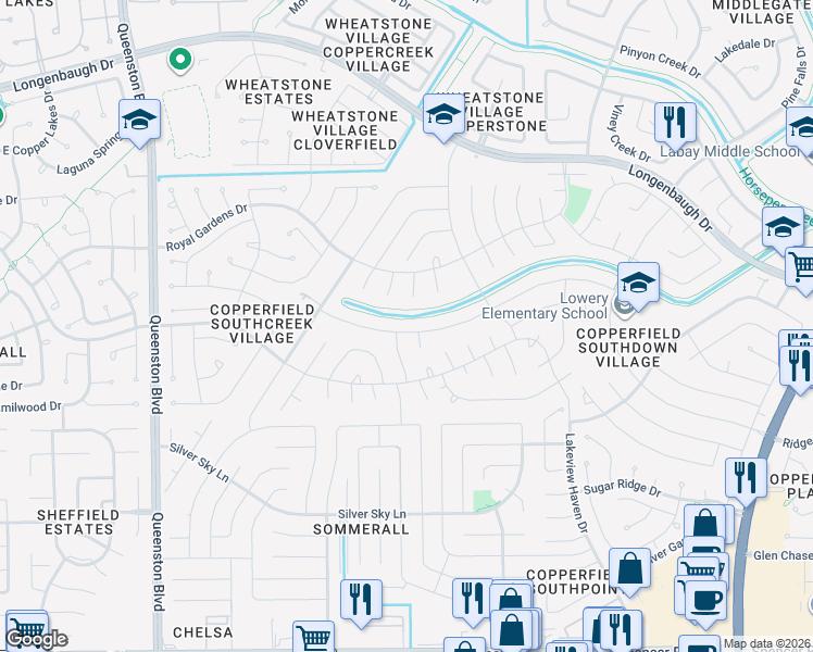 map of restaurants, bars, coffee shops, grocery stores, and more near 16406 Rainbow Lake Road in Houston