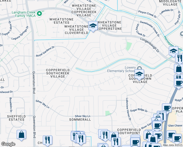 map of restaurants, bars, coffee shops, grocery stores, and more near 16406 Rainbow Lake Road in Houston