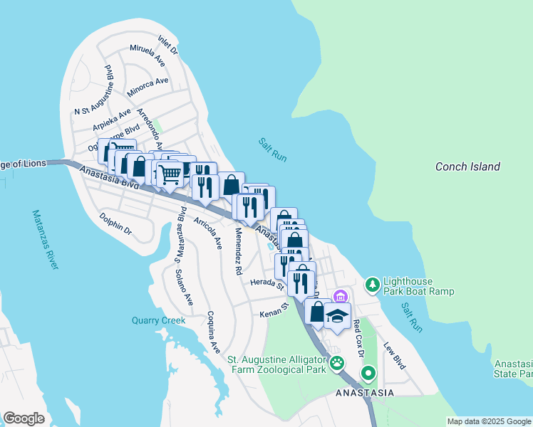 map of restaurants, bars, coffee shops, grocery stores, and more near 11 Inlet Place in St. Augustine
