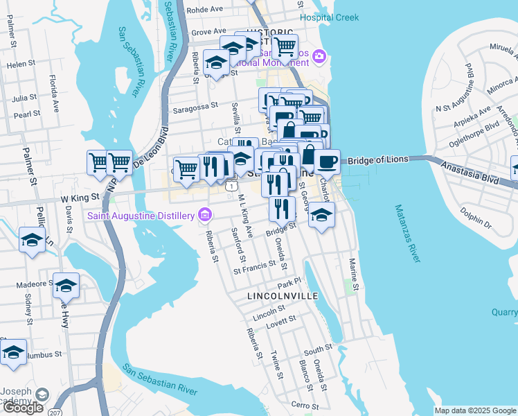 map of restaurants, bars, coffee shops, grocery stores, and more near 83 Cedar Street in St. Augustine