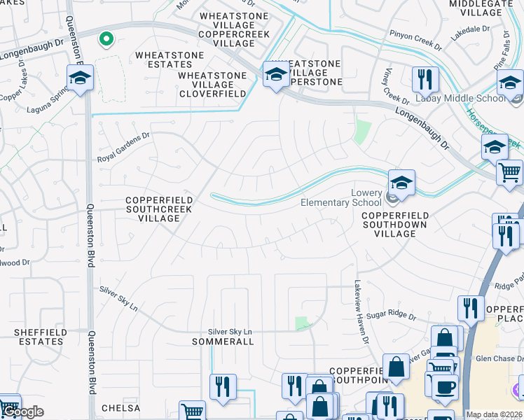 map of restaurants, bars, coffee shops, grocery stores, and more near 16406 Rainbow Lake Road in Houston