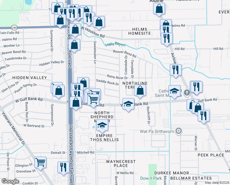 map of restaurants, bars, coffee shops, grocery stores, and more near 511 Peach Spring Drive in Houston