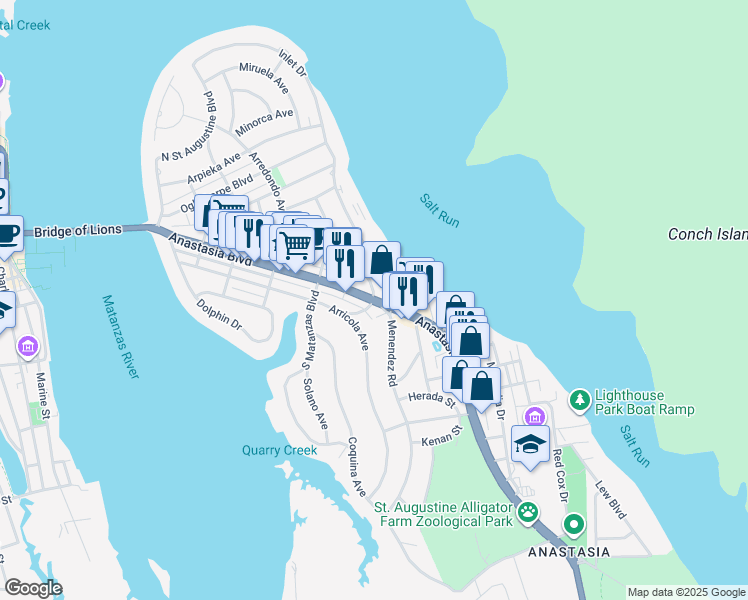 map of restaurants, bars, coffee shops, grocery stores, and more near 140 Moultrie Place in St. Augustine