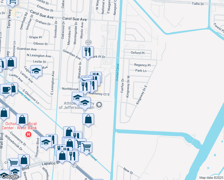 map of restaurants, bars, coffee shops, grocery stores, and more near 920 Fairfax Drive in Gretna
