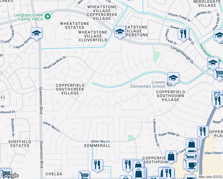 map of restaurants, bars, coffee shops, grocery stores, and more near 16406 Rainbow Lake Road in Houston