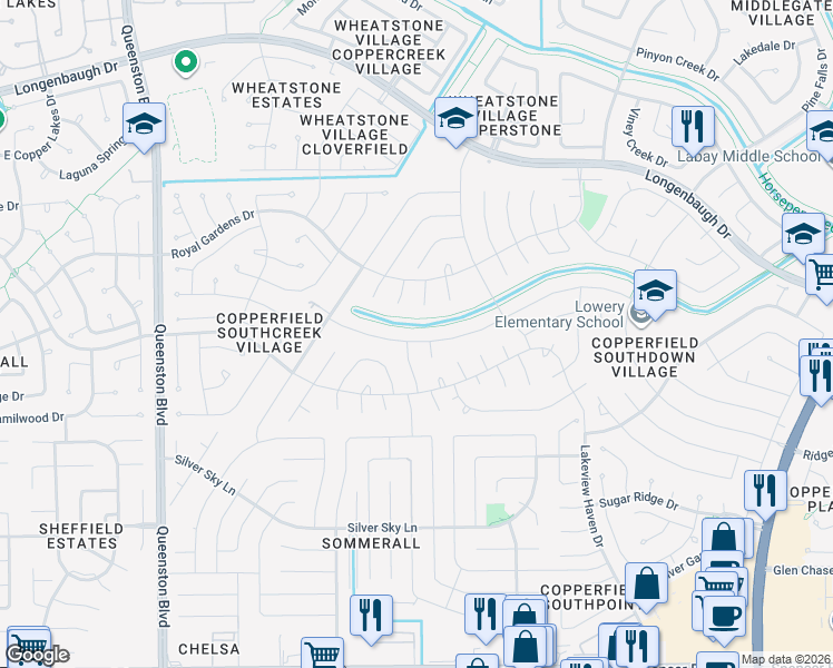 map of restaurants, bars, coffee shops, grocery stores, and more near 16406 Rainbow Lake Road in Houston