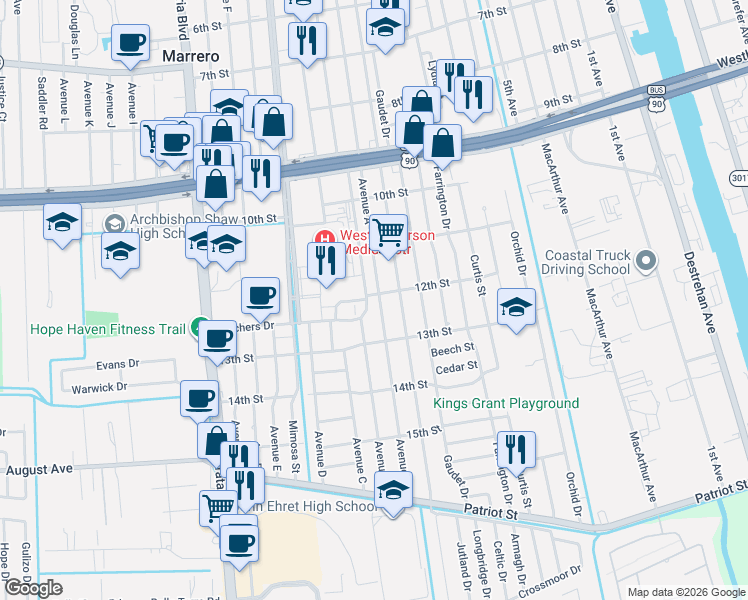 map of restaurants, bars, coffee shops, grocery stores, and more near 1200 Avenue A in Marrero