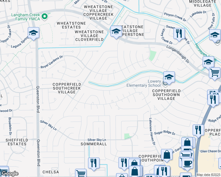 map of restaurants, bars, coffee shops, grocery stores, and more near 16406 Rainbow Lake Road in Houston