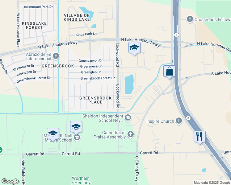 map of restaurants, bars, coffee shops, grocery stores, and more near 11710 Abby Ridge Way in Houston