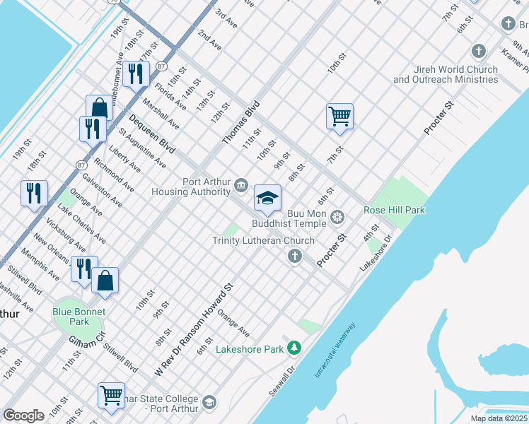 map of restaurants, bars, coffee shops, grocery stores, and more near 740 Dequeen Boulevard in Port Arthur