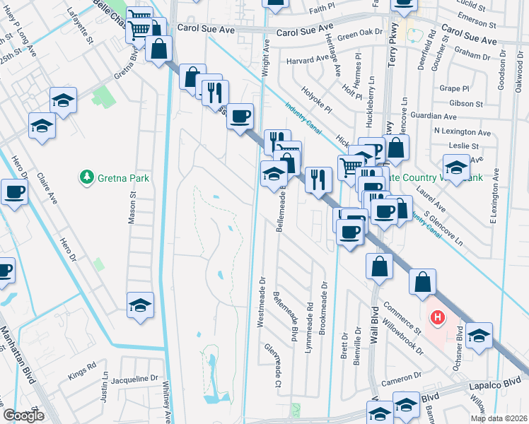 map of restaurants, bars, coffee shops, grocery stores, and more near 230 Bellemeade Boulevard in Gretna