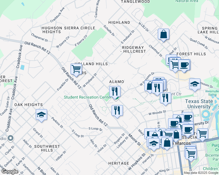 map of restaurants, bars, coffee shops, grocery stores, and more near 1116 Academy Street in San Marcos