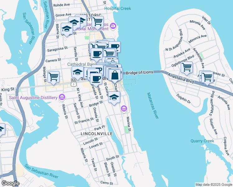 map of restaurants, bars, coffee shops, grocery stores, and more near 32 Marine Street in St. Augustine