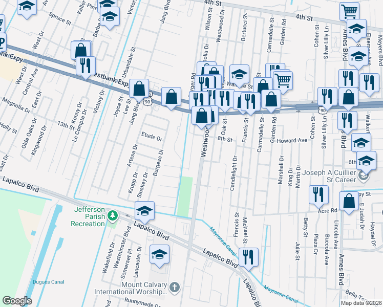map of restaurants, bars, coffee shops, grocery stores, and more near 1032 Westwood Drive in Marrero