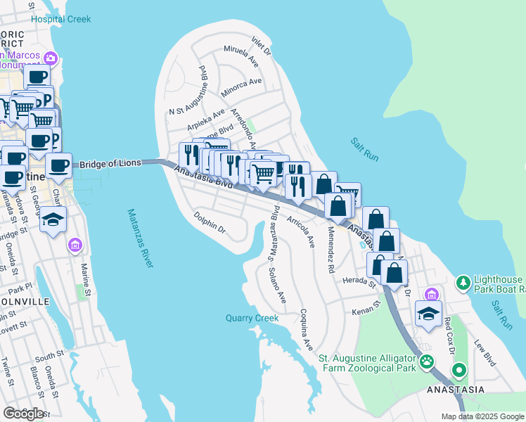 map of restaurants, bars, coffee shops, grocery stores, and more near 313 Arricola Avenue in St. Augustine