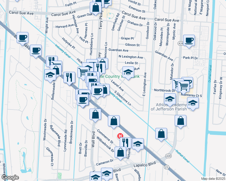 map of restaurants, bars, coffee shops, grocery stores, and more near 2052 South Glencove Lane in Gretna