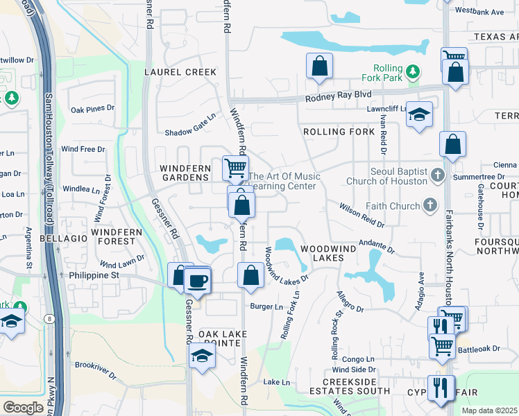 map of restaurants, bars, coffee shops, grocery stores, and more near 9210 Symphonic Lane in Houston