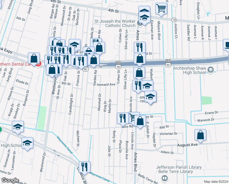 map of restaurants, bars, coffee shops, grocery stores, and more near 1036 Cohen Street in Marrero