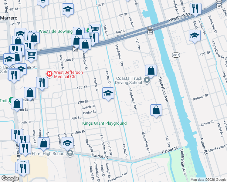 map of restaurants, bars, coffee shops, grocery stores, and more near 1225 Orchid Drive in Harvey