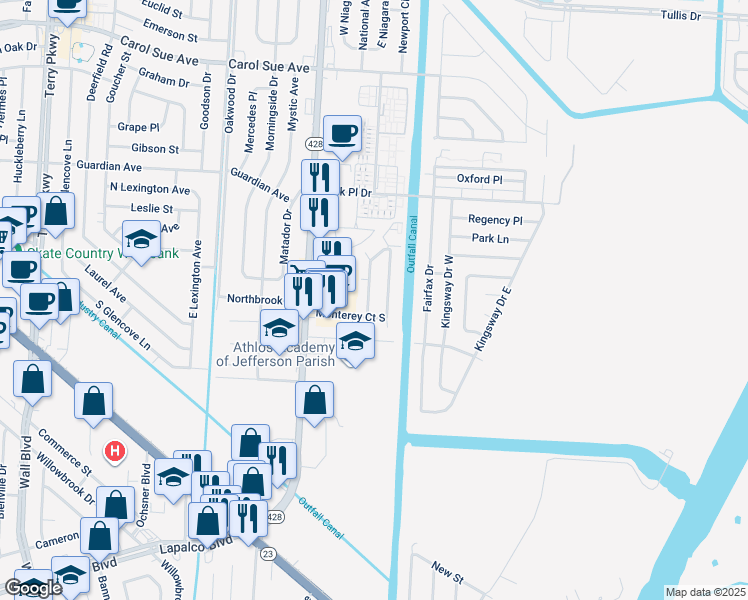 map of restaurants, bars, coffee shops, grocery stores, and more near 933 Monterey Court West in Terrytown