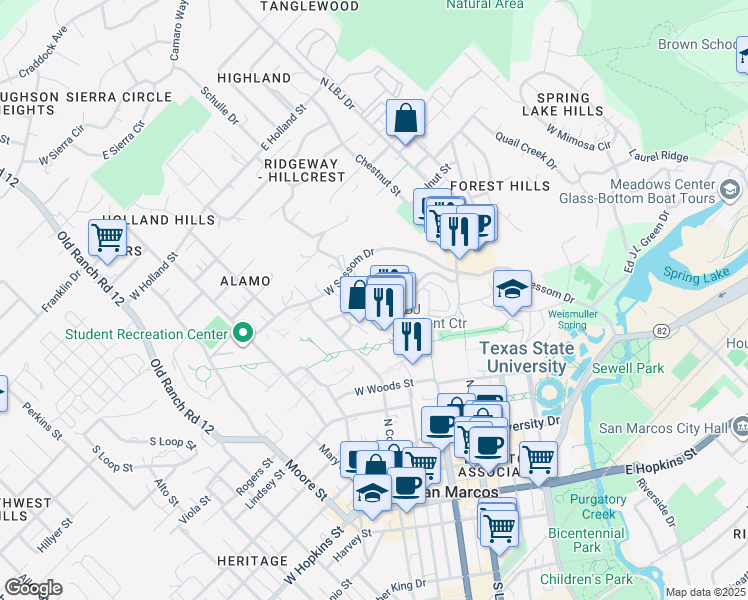 map of restaurants, bars, coffee shops, grocery stores, and more near 250 Student Center Drive in San Marcos