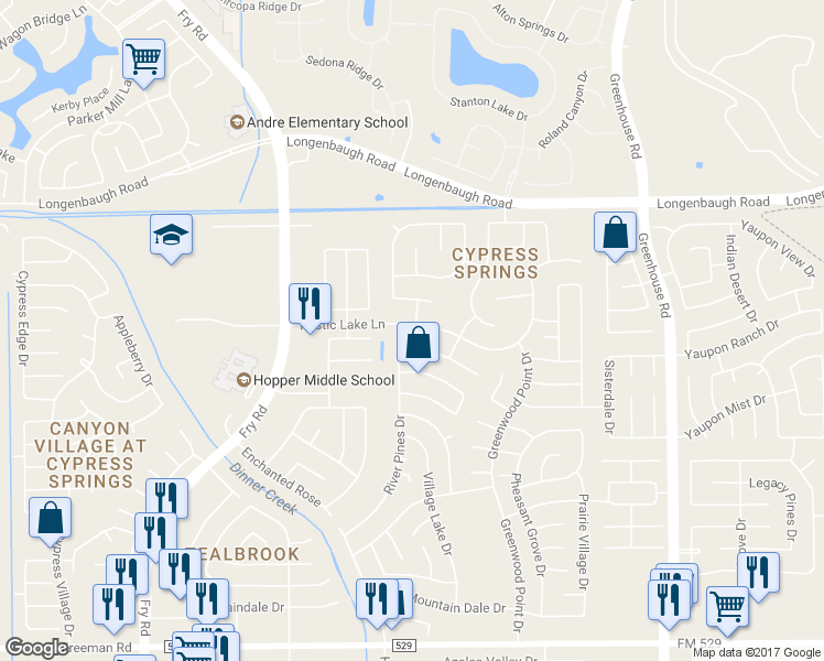 map of restaurants, bars, coffee shops, grocery stores, and more near 20003 Rustic Lake Lane in Cypress