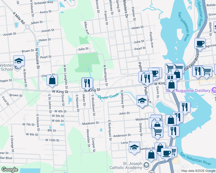 map of restaurants, bars, coffee shops, grocery stores, and more near 106 North Rodriquez Street in St. Augustine