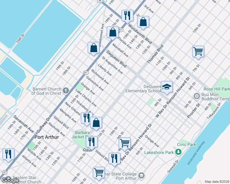 map of restaurants, bars, coffee shops, grocery stores, and more near 2201 Thomas Boulevard in Port Arthur