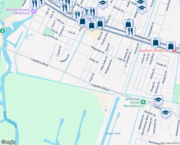 map of restaurants, bars, coffee shops, grocery stores, and more near 1401 Central Avenue in Westwego